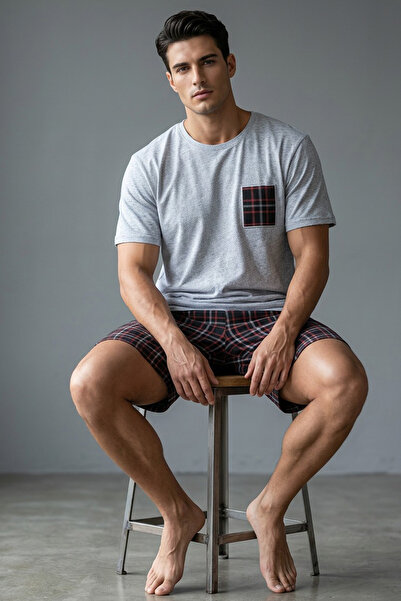 Siyah İnci ΓΚΡΙ ΜΑΥΡΟ ΜΠΟΡΝΤΟ Καρό Σχέδιο με κέντημα τσέπης Πλεκτό Σετ Πιτζάμ...