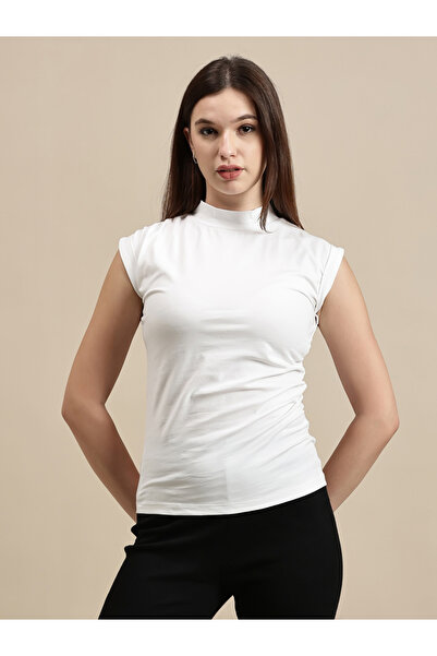 ECOLORE By Styli White Solid High Neck Top