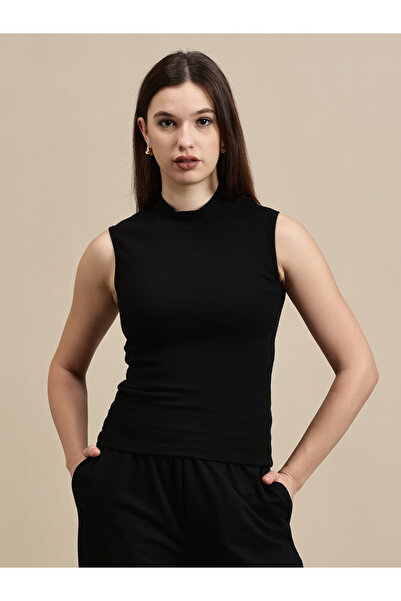 ECOLORE By Styli Black Solid High Neck Sleeveless Top