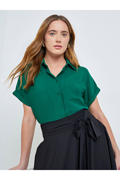 Take Two By Styli Green Solid Short Extended Sleeves Shirt with Pocket