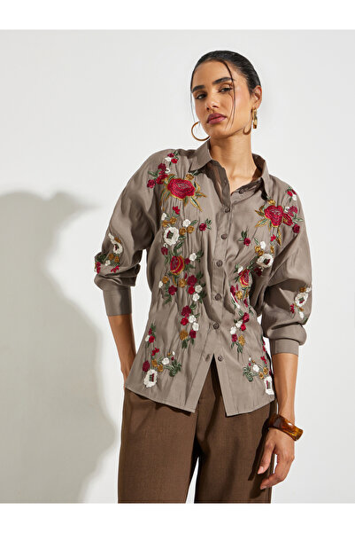 Styli Brown Floral Embroidered Long Sleeve Shirt