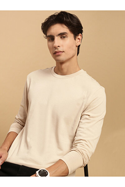 ECOLORE By Styli Men Beige Solid Long Sleeves 100% Cotton Comfort Fit T-Shirt