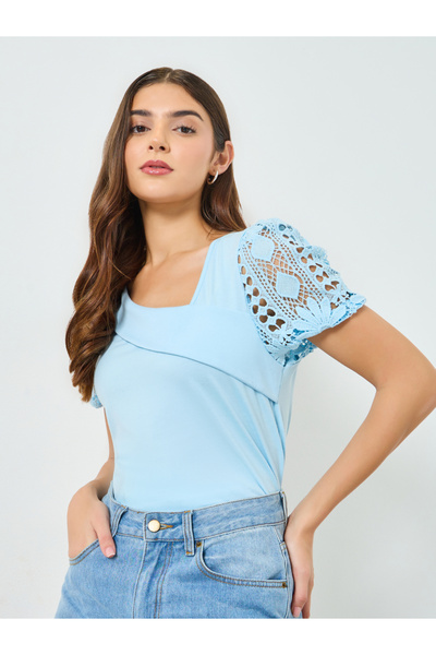 Take Two By Styli Blue Solid Asymmetric Neck Hollow Puff Sleeve Top