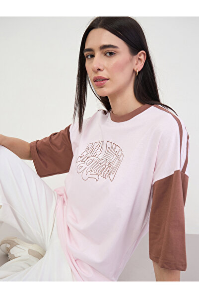 Styli Pink Oversized Color Block Printed T-Shirt