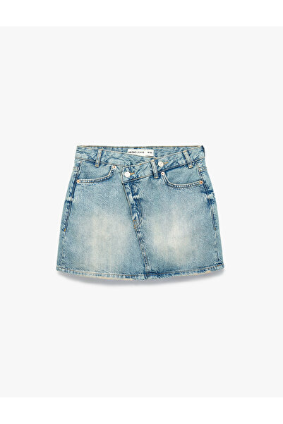 Koton Ασύμμετρη μίνι τζιν φούστα με βαμβακερές τσέπες και κουμπιά