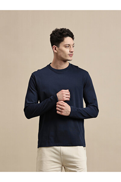 ECOLORE By Styli Men Navy Blue Solid Long Sleeves 100% Cotton Comfort Fit T-S...
