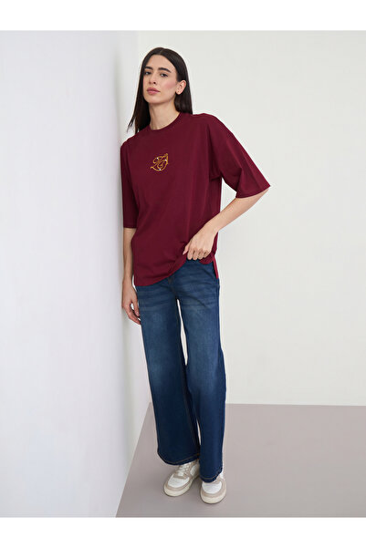 Styli Burgundy Embroidered Cotton Oversized T-Shirt
