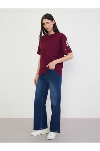 Styli Burgundy Embroidered 100% Cotton Oversized T-Shirt