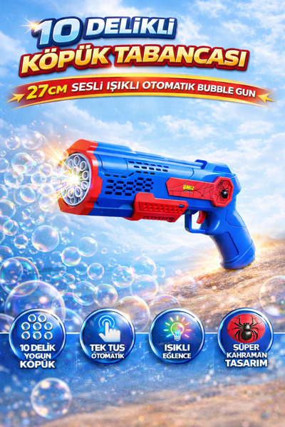 Automatic Spider-Man Foam Gun with Sound Light 27cm – Battery Powered 10 Holes Spderman Bubble Gun