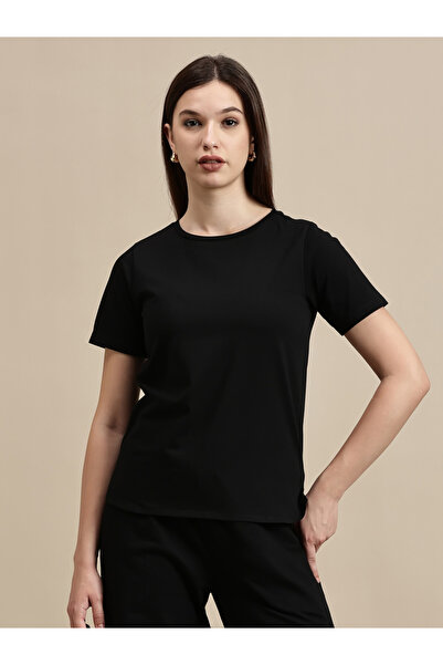 ECOLORE By Styli Black Solid Short Sleeves High Low Top