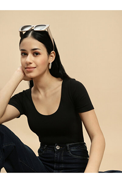 ECOLORE By Styli Black Solid Square Back Top