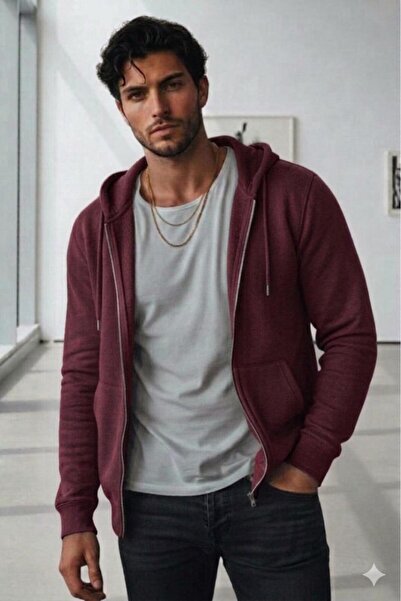 CAST COLLECTİON Men's Burgundy Oversize Zippered Jacket