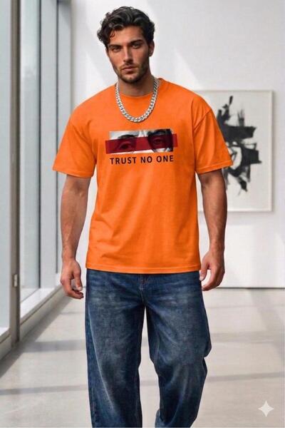 NO 601 Tricou supradimensionat cu imprimeu „Trust No One” portocaliu pentru b...