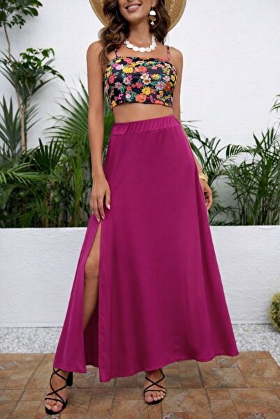 MODA ŞEHRİ Women's High Waist Side Slit Long Sandy Skirt