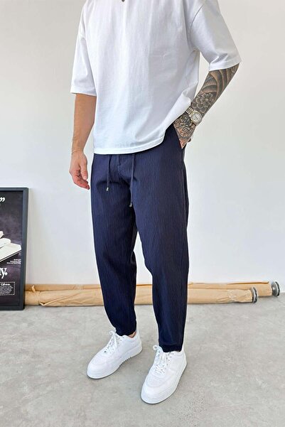 HAFKAGİYİM Παντελόνι Boyfriend με υφή βάφλας σε σκούρο μπλε