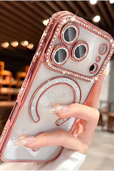 iPhone 17 Pro Case Gemstone Camera Magsafe Charging Lock with Lens Protection Transparent Color Soft Rose Gold