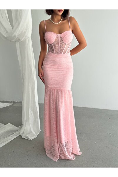 ADAMODA.RO Κομψό μακρύ δαντελένιο φόρεμα σε γραμμή γοργόνας