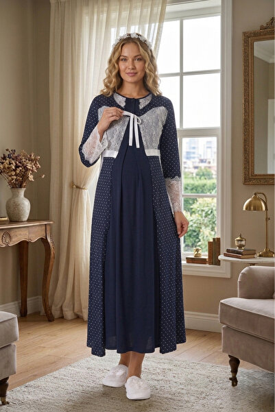 Lohusa Homewear مجموعة ملابس نوم صيفية منقطة باللون الأزرق الداكن للموسم الجد...