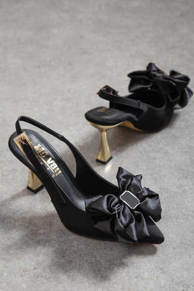 Mc vay Shoes Κομψό γυναικείο στιλέτο με χρυσό τακούνι και κορδέλα στο πίσω μέρος