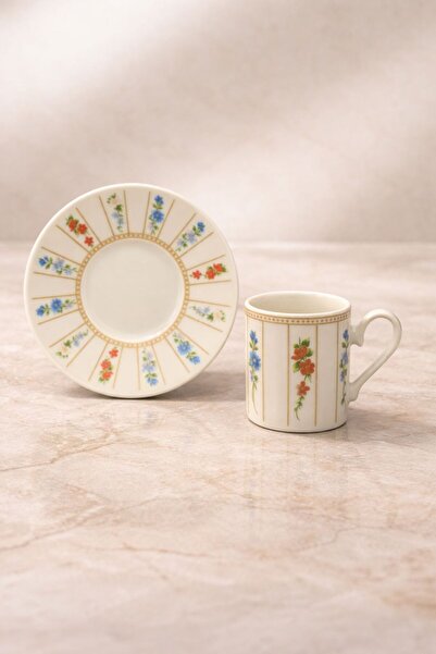 YzHome 2 Kişilik Beyaz Porselen Çiçek Sarmal Desenli Kahve Fincan Takımı Seti...