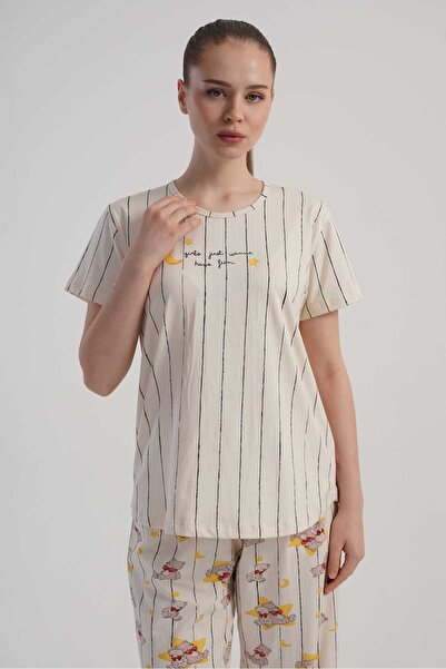 OBJE Women's Beige Lyc Suprem Short Sleeve Pajama Top