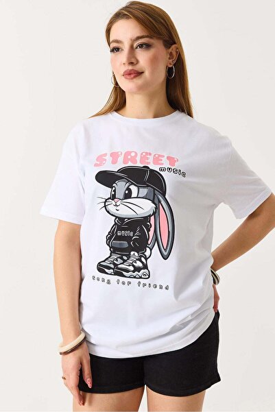 Raneel Kazançlı Alışveriş Women's printed crew neck short sleeve t-shirt white