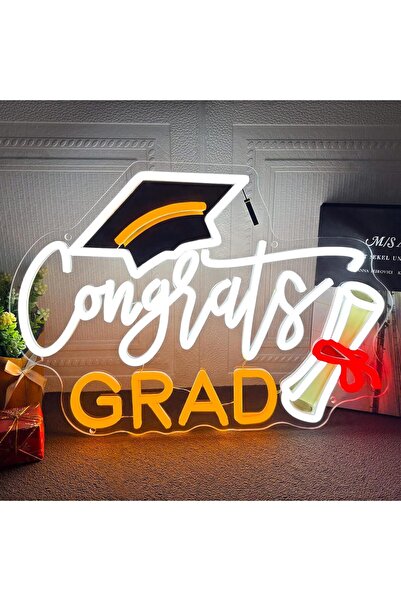 Slasa Congrats Grad Neon Sign 22x40 cm White Light with 6mm Acrylic Base Wall...