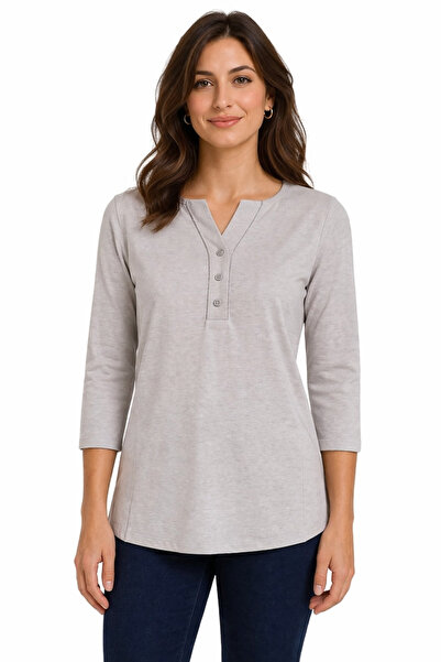 Desen Triko Γυναικεία μπλούζα με ανοιχτό γιακά και κουμπιά μπροστά, μπεζ