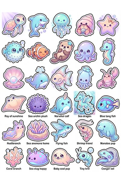 Store 30 Pieces Pastel Sea Creatures Sticker Set - for Laptop, Notebook, Wate...