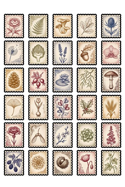 Store 30 Adet Vintage Botanik Posta Pulu Sticker Seti - Defter Ajanda Laptop