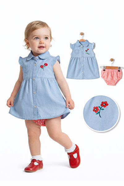 Oryeda Bebe Nissara Kids Kız Bebek Kot Elbise Çiçek Nakışlı Şortlu Takım 9-24 Ay
