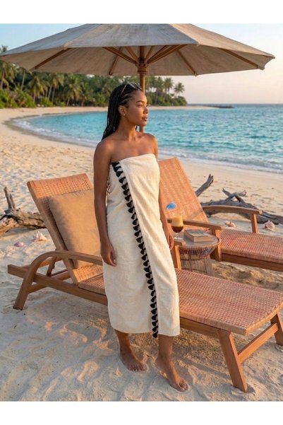 Türkühome 100% Cotton Beach Towel - Tassel Detail - Water Absorbent Towel - 90 X 150 cm