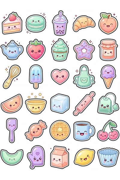 Store 30 Pieces Pastel Cafe and Dessert Sticker Set - for Laptop, Agenda, Phone