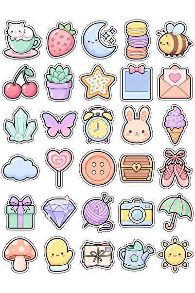 Store 30 Pieces Pastel Cute Icons Sticker Set - for Laptop, Agenda, Notebook