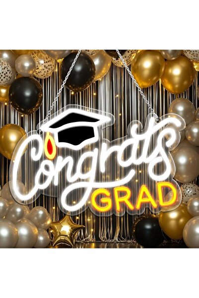 Slasa Large Congrats Grad Neon Sign 24x64 cm White Light with 6mm Acrylic Bas...