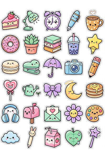 Store 30 Adet Sevimli Eşyalar Sticker Seti - Laptop Defter Telefon Ajanda