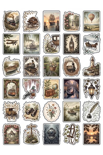 Store 30 Adet Vintage Ulaşım ve Doğa Sticker Seti - Ajanda Defter Laptop