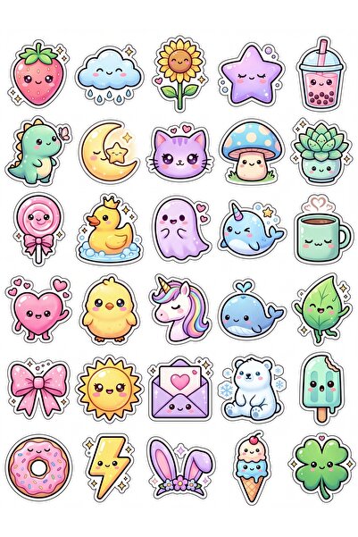 Store 30 Adet Pastel Karakter Sticker Seti - Laptop Defter Telefon Ajanda İçin