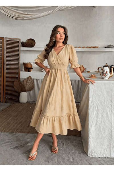 Markazzi Φόρεμα με λαιμόκοψη V, ελαστική μέση, ύφασμα μουσελίνας με κορδόνι π...