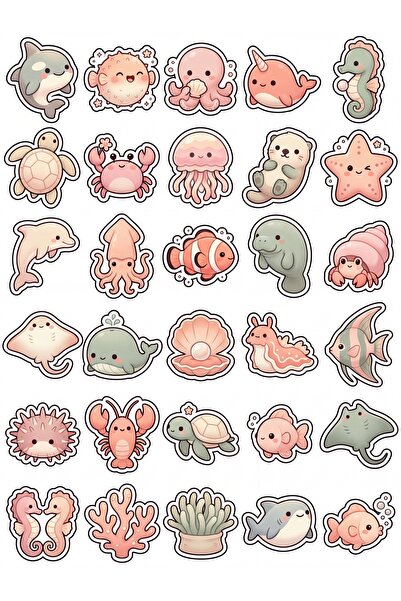 Store 30 Pieces Pastel Sea Creatures Sticker Set - for Laptop, Agenda, Phone