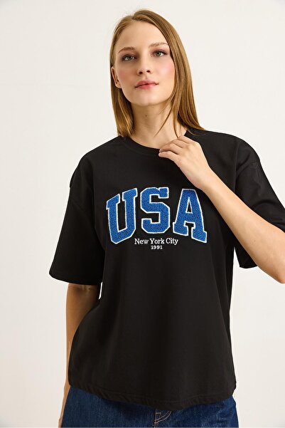 Raneel Kazançlı Alışveriş Embroidered Crew Neck Women's Tshirt Black