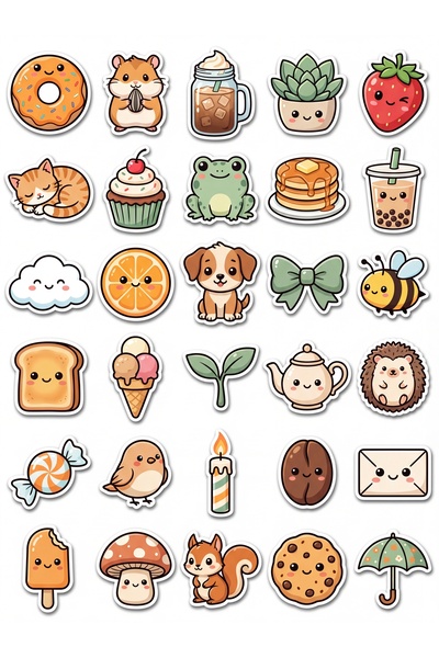 Store 30 Pieces Cute Animal and Snack Sticker Set - for Laptop, Notebook, Phone
