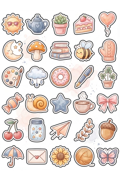 Store 30 Pieces Watercolor Cute Objects Sticker Set - for Laptop, Phone, Agenda