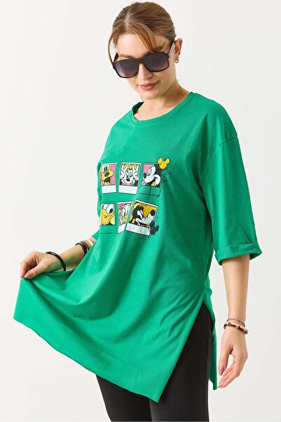 Raneel Kazançlı Alışveriş Women's Oversize Basic Tshirt with Side Slits Green