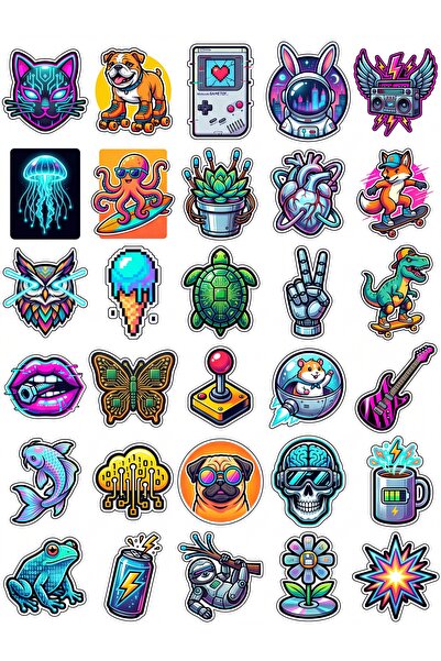 Store 30 Pieces Neon Pop-Art and Cyber Animals Sticker Set - for Laptop, Note...