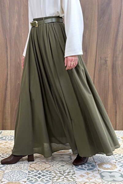 Faya Boutique Haki Yeşili Ceinture Kemerli Keten Etek