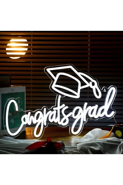 Slasa Congrats Grad Neon Sign 33x53 cm White Light with 6mm Acrylic Base Grad...