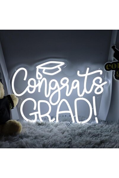 Slasa Congrats Grad Neon Sign 27x40 cm White Light with 6mm Acrylic Base Wall...