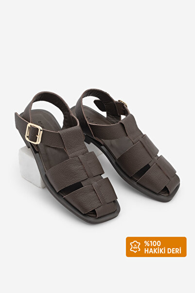 Marjin Γυναικεία πέδιλα από γνήσιο δέρμα με ρίγες, κλειστό μπροστινό μέρος, λ...