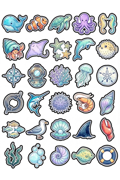 Store 30 Pieces Watercolor Sea Creatures Sticker Set - for Laptop, Agenda, Wa...